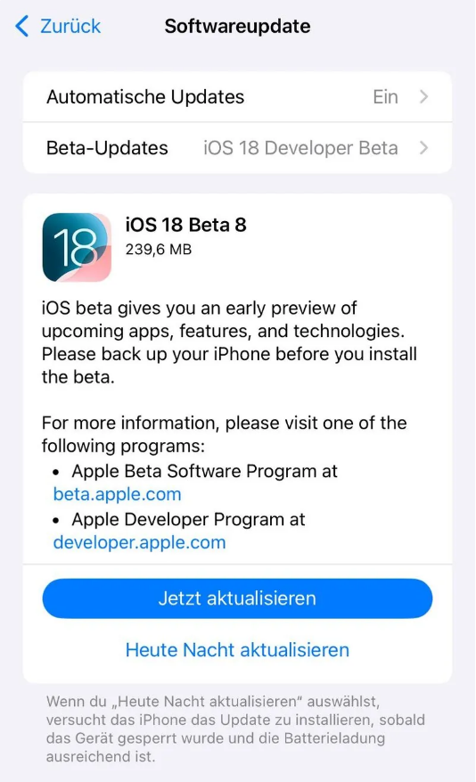 渭源苹果手机维修分享苹果 iOS / iPadOS 18 开发者预览版 Beta 8 发布 